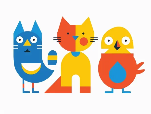 Ilustración infantil estilo moderno y plano con animales geométricos