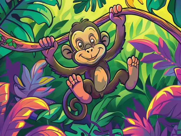 Ilustración infantil estilo cartoon vibrante de un mono en la jungla