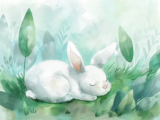 Ilustración infantil estilo acuarela suave de un conejito durmiendo