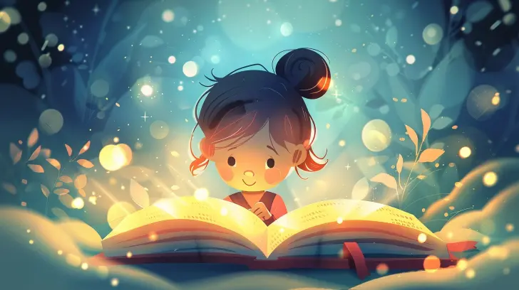 Personaje de cuento infantil abriendo un libro mágico