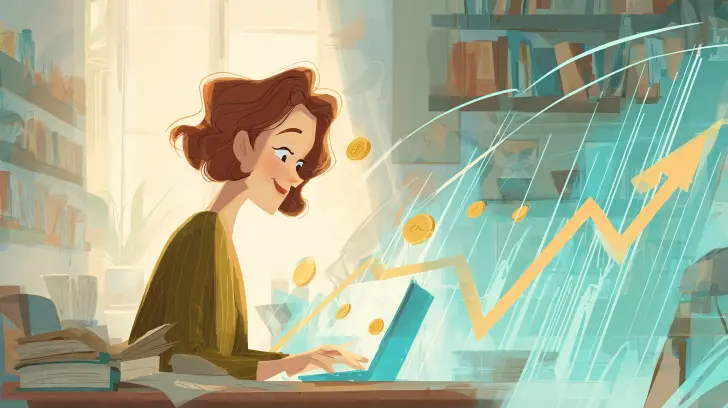 Ilustración generada por IA mostrando un proceso eficiente de cómo la IA reduce costes de publicación para autoras, con libros coloridos y elementos de ahorro.