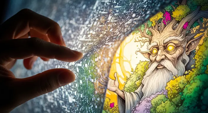 Primer plano de la mano de un artista humano retirando delicadamente un velo digital semi-transparente de ruido y patrones algorítmicos grises y azules. Este gesto visual simboliza cómo evitar el estilo genérico de la IA, revelando detrás una ilustración de cuento de hadas exquisitamente detallada: un sabio espíritu de árbol con ojos brillantes, renderizado con acuarelas delicadas y líneas de tinta intrincadas en ricos amarillos, verdes esmeralda y magentas vibrantes, destacando una creatividad única y un descubrimiento mágico.