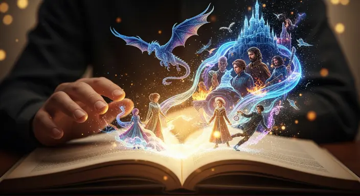 Primer plano de la mano de un escritor sobre una novela abierta, de cuyas páginas irradian ilustraciones digitales vibrantes que muestran personajes de fantasía, un dragón majestuoso y un castillo místico, todo ello formado por flujos de datos luminosos y partículas de luz etéreas. Esta potente imagen simboliza el papel de un ilustrador IA para novelas al dar vida visual a mundos literarios, mezclando la imaginación humana con un arte digital futurista y toques de ilustración clásica, con un contraste de tonos sepia y luces iridiscentes en azul, púrpura y dorado.