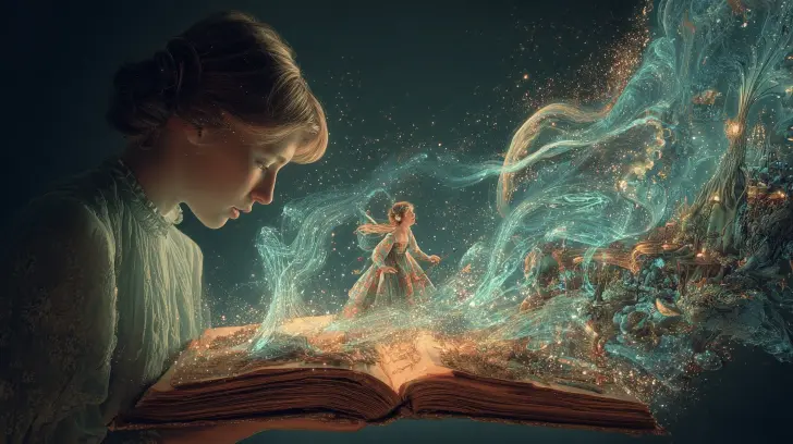 Una autora sonriendo mientras imagina sus personajes y un ordenador mostrando ilustraciones creadas por una ilustradora IA para cuentos infantiles, simbolizando la creatividad y la tecnología.