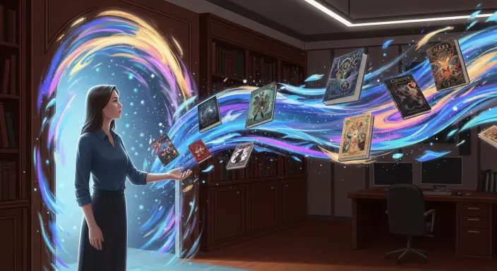 Una elegante autora, con su perfil reflexivo, observa un portal etéreo y resplandeciente que emana diseños de portadas de libros vibrantes e ilustraciones fantásticas. Su mano extendida parece orquestar esta creación, simbolizando el transformador el impacto de la IA en la industria editorial. La imagen fusiona la calidez de un estudio clásico con la visión de un espacio creativo futurista, donde la luz etérea del portal ilumina su rostro con esperanza.
