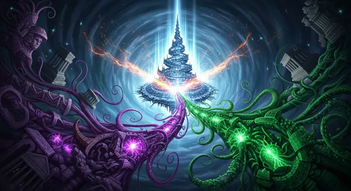 Ilustración conceptual de alta calidad que representa la inspiración para portadas de ciencia ficción, con un vórtice central y radiante de energía creativa que coalese en la silueta de un diseño de cubierta de libro, como una megaestructura alienígena o un personaje futurista. Zarcillos etéreos de patrones geométricos, formas bioluminiscentes y motivos de mitología reinterpretada fluyen hacia el núcleo luminoso. La composición es dinámica con luz volumétrica y una paleta de azules cósmicos profundos, púrpuras, magentas eléctricos y acentos esmeralda, simbolizando una visión creativa inolvidable para el arte de ciencia ficción.