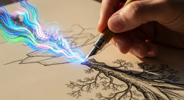 Una delicada mano humana, sosteniendo una pluma de tinta vintage, dibuja sobre un pergamino antiguo. Desde el lado opuesto, una corriente iridiscente y orgánica de datos de IA se entrelaza sutilmente con cada trazo, transformando las líneas simples en patrones intrincados, luminosos e imágenes etéreas. Esta elegante fusión simboliza una creación colaborativa y la sinergia entre el arte humano y la inteligencia artificial, ofreciendo una perspectiva donde la IA complementa en lugar de reemplazar, respondiendo a la pregunta ¿Puede la IA reemplazar a los ilustradores? La escena, bañada en una suave luz de la hora dorada y el brillo frío y luminoso de la IA, evoca una atmósfera mágica y esperanzadora con un estilo que fusiona el arte conceptual de fantasía y la acuarela digital.