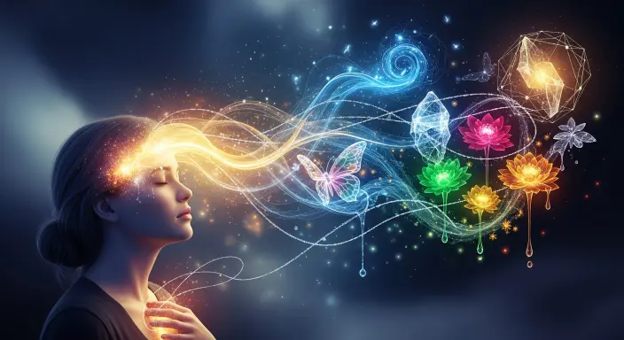 Una figura femenina contemplativa y serena con los ojos cerrados, de cuya mente y corazón fluyen vibrantes y etéreos arroyos de luz y energía digital. Estos crean una intrincada tapicería abstracta de metáforas visuales para emociones complejas como la melancolía, la esperanza desafiante y la memoria, con formas luminosas que evocan redes neuronales y coalescen en mariposas iridiscentes o flores de luz. Esta detallada pintura digital onírica demuestra de forma magistral cómo ilustrar emociones complejas con IA, transformando paisajes psicológicos internos en arte visual impactante y vívido a través de tecnología avanzada, con una iluminación mágica y una paleta sofisticada de azules profundos, púrpuras, esmeraldas y dorados.