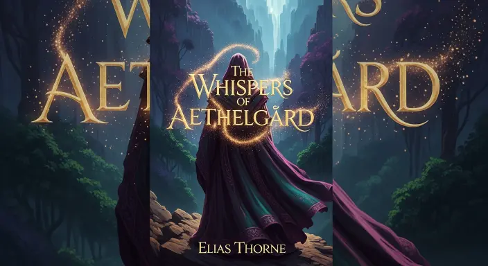 Una portada de libro de fantasía de alta resolución generada con IA, donde un título y nombre de autor luminosos y dorados se integran mágicamente en una ilustración intrincada de tonos joya. El texto emerge de partículas de luz etéreas, mostrando un ejemplo perfecto de cómo integrar texto en portadas generadas con IA de forma profesional y artística, creando un efecto de alquimia y transformación digital con un diseño gráfico sofisticado.