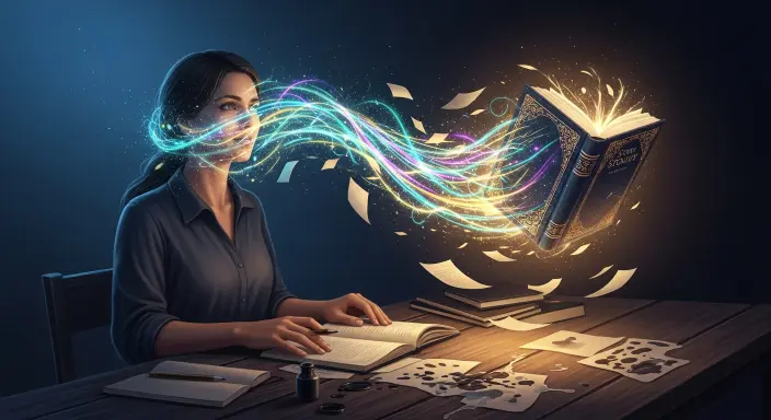 Una ilustración etérea de realismo mágico muestra a una autora serena en un escritorio de madera, observando cómo una corriente luminosa y vibrante de datos y luz dorada emerge de sus pensamientos, coalesciendo rápidamente en un libro bellamente ilustrado que flota elegantemente frente a ella. Esta imagen visualiza de manera impactante cómo la IA acelera el proceso de publicación, transformando ideas abstractas en una obra tangible con una velocidad dinámica y una explosión de colores eléctricos, oro y magenta.