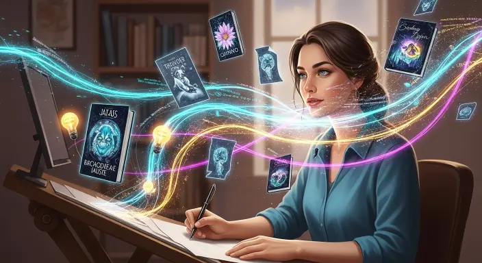 Una autora sonriente rodeada de ilustraciones vibrantes generadas por inteligencia artificial, mostrando cómo la IA reduce costes de publicación de manera eficiente.