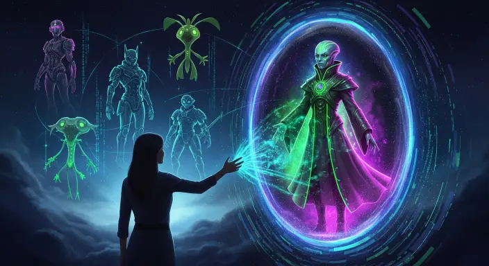 Una autora solitaria en silueta elegante interactúa con un vibrante vórtice digital y cósmico, del cual emerge un magnífico personaje de ciencia ficción: una diplomática alienígena con bioluminiscencia y túnicas fluidas. Esta escena etérea ilustra el proceso avanzado de diseño de personajes de ciencia ficción con IA, mostrando también prototipos fantasmales de un imponente cyborg, un ágil guerrero espacial y una caprichosa criatura vegetal consciente. La imagen, dominada por azules y púrpuras cósmicos profundos, está dramáticamente iluminada por verdes neón y rosas eléctricos, con intrincados patrones de código que conectan la imaginación de la autora con las creaciones emergentes, ofreciendo una visión de arte conceptual digital de obra maestra.