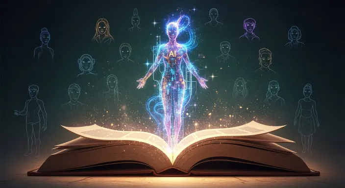 Un detallado diseño de personajes para libros con IA emerge etéreamente de las páginas abiertas de un libro místico. La figura, compuesta por flujos de datos digitales brillantes y luz vibrante, simboliza la creación asistida por IA. Alrededor de este personaje central, otras siluetas fantasmales de conceptos de personajes aparecen y se desvanecen, todo dentro de una ilustración de realismo mágico con iluminación volumétrica onírica, en una paleta de sepia, verde bosque, azul eléctrico, lavanda y oro.