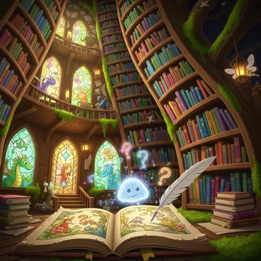 Una imagen fantástica y detallada de una biblioteca mágica. Estanterías altas y curvas, cubiertas de musgo, se extienden llenas de libros coloridos. En el centro, un gran libro de cuentos abierto yace en primer plano, mostrando ilustraciones de fantasía y con una pluma de ave apoyada en la página. Sobre el libro flota un espíritu azul, brillante y sonriente, rodeado de signos de interrogación luminosos. El fondo está decorado con múltiples vidrieras de estilo gótico en dos niveles, que representan dragones y hadas.