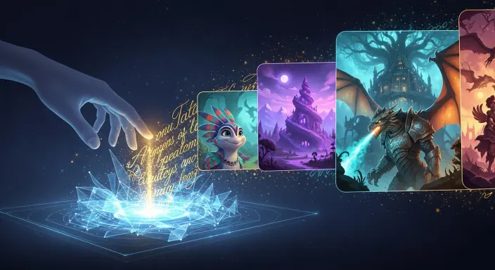 Una mano etérea y luminosa acaricia texto caligráfico dorado que fluye hacia una interfaz digital cristalina brillante. Desde esta interfaz, una vibrante tapicería de ilustraciones detalladas de cuentos (personajes caprichosos, paisajes fantásticos, escenas épicas) se despliega en un espacio onírico, destacando la mágica transformación de palabras a imágenes. La iluminación ambiental suave, los destellos azules y lavanda, y los reflejos dorados cálidos resaltan el estilo de arte conceptual de fantasía, mostrando la habilidad de una experta en Midjourney para narrativa visual al transformar descripciones en obras de arte digitales impresionantes con una rica paleta de colores púrpuras, turquesas y dorados.