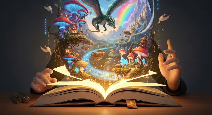 Una vibrante ilustración generada por IA, llena de personajes fantásticos y paisajes oníricos en tonos joya, emerge mágicamente de un libro abierto sobre un escritorio minimalista. Una mano femenina se cierne sobre el libro, simbolizando la maravilla y el potencial de obtener una ilustración IA económica para mi primer libro, destacando la belleza y accesibilidad de esta creación digital etérea. La luz cálida y los contrastes de color acentúan la visión creativa.