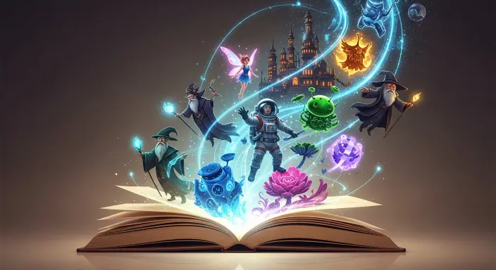 Una vibrante ilustración digital muestra un antiguo libro de cuentos abierto, de cuyas páginas luminosas emergen en espiral personajes y escenas fantásticas y personalizadas: una hada, un astronauta, una ciudad steampunk y un mago. La escena, bañada en una luz mágica con hilos de datos digitales, representa la maravilla de la creación de una ilustración IA para cuentos personalizados, fusionando fantasía y tecnología con gran detalle y una rica paleta de colores.