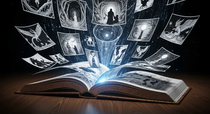 Una novela antigua de cuero se abre sobre madera pulida, liberando una cascada mágica de intrincadas ilustraciones en blanco y negro para novelas con IA, que flotan en el aire. Estas imágenes etéreas, con criaturas fantásticas y paisajes místicos, poseen una textura digital luminosa con patrones de datos sutiles, fusionando el estilo clásico de tinta con la magia generativa de la inteligencia artificial bajo una iluminación dramática.