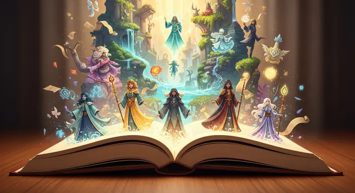 Un libro antiguo abierto sobre una mesa de madera oscura, de cuyas páginas emergen vibrantes y mágicas ilustraciones para libro autoeditado. Estas detalladas ilustraciones de fantasía, con personajes únicos y paisajes exuberantes en tonos joya, ascienden y brillan etéreamente, evocando la creatividad de una historia que cobra vida a través del arte.