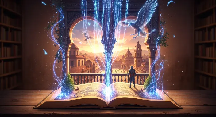 Un antiguo libro de cuentos místico yace abierto, sus páginas de pergamino brillando con una luz etérea y cálida. De sus intrincadas ilustraciones, flujos de datos digitales luminosos ascienden, transformándose en una vibrante escena fantástica que incorpora sutilmente elementos arquitectónicos españoles, como patrones de azulejos mudéjares y arcos moriscos. Esta detallada imagen atmosférica, donde lo tradicional se fusiona con lo digital, ilustra el potencial de un ilustrador IA en España para crear arte mágico y conceptual.