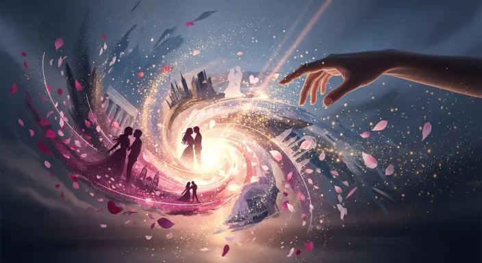 Una elegante mano estilizada, con gracia delicada, emerge de suaves sombras y se extiende hacia un deslumbrante vórtice de pura inspiración. Este torbellino mágico, compuesto por etéreas siluetas de parejas románticas, delicados pétalos y luminosos paisajes, es la perfecta fuente de inspiración para portadas de novelas románticas. La composición de alta calidad, con una paleta de magentas, lavandas y acentos dorados, irradia una luz mágica y un sinfín de ideas.