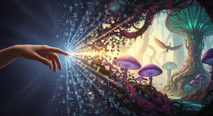 Una mano elegante aparta un velo brillante de símbolos arcaicos y patrones de fallas digitales en tonos índigo y gris carbón, que representa los mitos sobre la ilustración IA. Detrás del velo que se disuelve, emerge una vibrante pintura digital de un paisaje encantado o una criatura fantástica, radiante con detalles en tonos esmeralda, amatista y rosa. La escena está bañada por una luz dorada cálida y etérea que ilumina el arte revelado, contrastando con los elementos sombríos del mito.