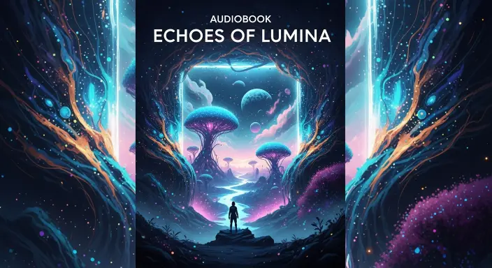 Una impactante portada de libro para audiolibro con IA de alto concepto emerge de una nebulosa dinámica de datos digitales luminosos y pinceladas elegantes. La cubierta muestra una escena narrativa inmersiva y onírica, como un misterioso portal brillante que se abre a un paisaje fantástico o una figura solitaria silueteada en un viaje a través del polvo cósmico, simbolizando historias. Esta fusión visual representa la magia de la inteligencia artificial dando vida a la visión narrativa de un autor. La paleta incluye azules crepusculares profundos, púrpuras ricos y negros aterciopelados, realzados con acentos dorados brillantes, vetas plateadas iridiscentes y partículas etéreas y brillantes. La iluminación es dramática y evocadora, con un estilo de pintura digital detallada que mezcla arte de fantasía etérea con estética futurista y generativa.
