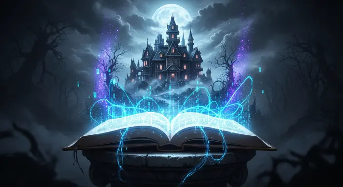 Una antigua encuadernación de cuero abierta irradia una portada de libro de terror gótico con IA que se materializa con luz azul eléctrica, partículas violetas espectrales y flujos de datos. La ilustración emergente muestra una mansión victoriana encantada y en descomposición, con árboles retorcidos y niebla bajo una luna ominosa, capturada con un estilo de arte digital surrealista, hiperdetallado y atmosférico que fusiona misterio y tecnología avanzada.