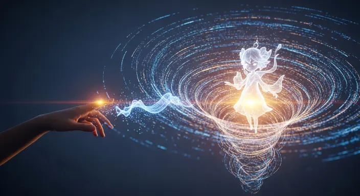 Arte conceptual etéreo que ilustra la génesis mágica de la ilustración con inteligencia artificial. Una mano humana semi-transparente se extiende hacia un vórtice luminoso de datos digitales, en cuyo centro se forma una ilustración única, esculpida de luz con la delicadeza de una acuarela digital y detalles bioluminiscentes. Esta imagen de tonos azules, púrpuras y dorados sobre un fondo índigo aterciopelado, visualiza de forma artística y profunda qué es la ilustración con inteligencia artificial, mostrando la fusión de la visión creativa y el poder algorítmico.