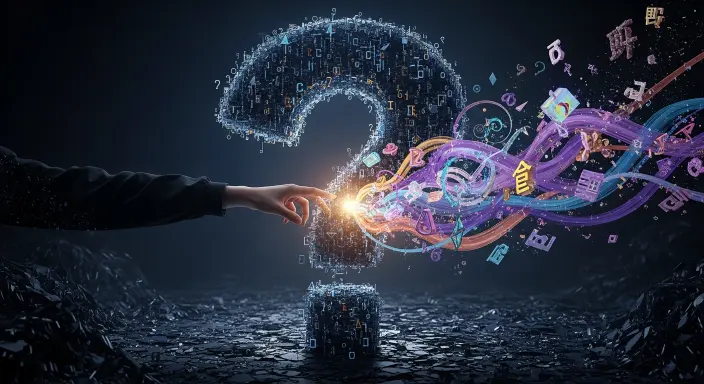 Una sofisticada pintura digital conceptual de fantasía que ilustra la profunda pregunta ¿La IA roba arte de otros artistas?. La imagen presenta un imponente signo de interrogación formado por datos digitales fragmentados y código abstracto, encapsulando las dudas éticas. Desde el corazón de este enigma, una mano humana suave y luminosa emerge, no para tomar, sino para orquestar y tejer delicadamente los fragmentos digitales. Con cada toque, el caos se transforma en elementos artísticos originales y vibrantes: pinceladas etéreas, patrones complejos y formas de personajes sutilmente emergentes que fluyen hacia el exterior, simbolizando la creación ética y la innovación. La escena, con una iluminación dramática que pasa de azules fríos a oros cálidos, se centra en la mano humana como el punto focal de esta transformación artística.