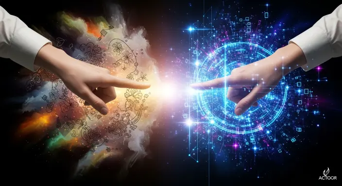 Imagen de pintura digital surrealista que representa unas manos elegantes y creativas en una profunda deliberación, suspendidas entre dos campos de energía contrastantes. A la izquierda, un cálido resplandor emana de una nebulosa orgánica de pinceladas y líneas de tinta, simbolizando la artística colaboración al contratar un ilustrador. A la derecha, un vórtice vibrante de patrones geométricos y flujos de datos irradia una fría luz digital, representando el poder autónomo de usar IA por mi cuenta. Esta detallada obra maestra con texturas pictóricas y elementos luminosos captura la compleja decisión de elegir entre estas dos aproximaciones creativas.