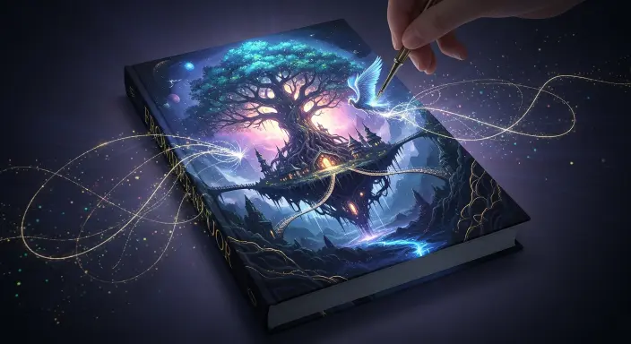 Detalle de una impresionante portada de libro en el mágico momento de su creación, donde hilos digitales etéreos y partículas de luz brillante tejen una escena intrincada y cautivadora directamente sobre la superficie del libro. Esta imagen ilustra la creación de portadas de libro con IA, mostrando cómo una historia toma forma a partir de la luz, con una paleta de índigos profundos, púrpuras etéreos y azules medianoche, acentuada con oro luminoso, simbolizando la tecnología de vanguardia y la magia creativa para autores.