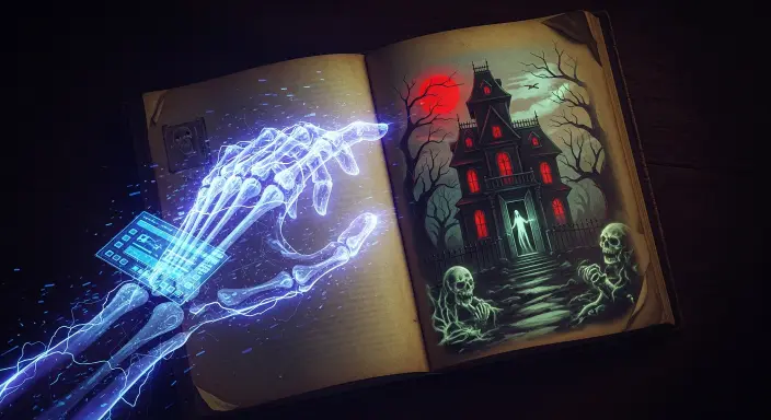 Una mano esquelética etérea y brillante, formada por datos digitales y luz azul eléctrica, emerge de una interfaz sutilmente con fallas, dibujando una escena de terror gótico (una mansión embrujada bajo una luna roja sangre con una figura espectral) directamente en las páginas amarillentas de un antiguo libro de cuero. Esta poderosa imagen ilustra cómo un ilustrador IA para libros de terror y suspense crea arte detallado, fusionando la estética gótica con la tecnología digital futurista en un dramático estilo chiaroscuro.