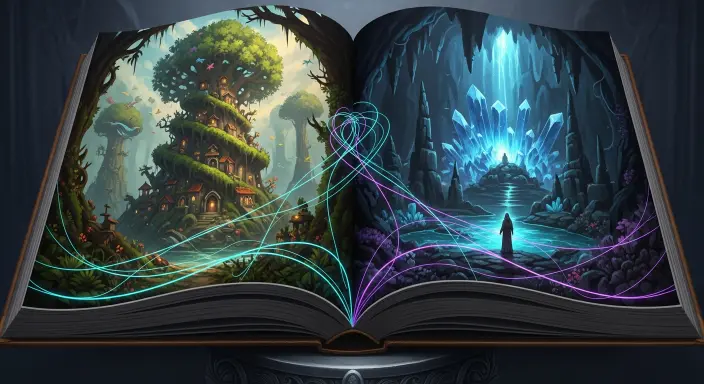 Un gran libro de cuentos abierto sobre un pedestal místico revela páginas con ilustraciones fantásticas, donde hilos digitales luminosos de IA conectan y armonizan los detalles visuales de colores, líneas y texturas. Esta mágica convergencia asegura un estilo impecablemente consistente a través de todas las imágenes en evolución, destacando la capacidad de la inteligencia artificial para mantener un estilo visual consistente en un libro. La composición es un primer plano a nivel de los ojos, con luz interna suave, presentando una paleta de tonos joya y pergamino antiguo, acentuados por el brillo cian y violeta eléctrico de los hilos de guía.