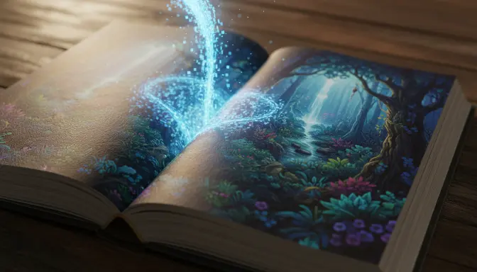 Primer plano macro de un libro de lujo donde flujos de partículas digitales se transforman en un bosque de fantasía con gran detalle, destacando la excepcional calidad de ilustraciones IA para impresión sobre papel con textura y colores vibrantes.