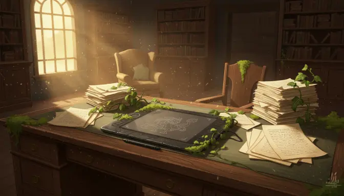 Una evocadora ilustración de una tableta digital con un boceto incompleto cubierta por hiedra y musgo en un escritorio de madera, representando visualmente la frustración cuando el ilustrador tarda semanas en mandarme un boceto mientras el tiempo parece detenerse.