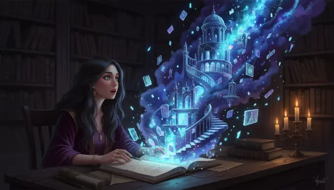 Ilustración de realismo mágico de una autora en un estudio antiguo observando cómo una entidad imposible de cristal líquido y nebulosas emerge de su cuaderno, capturando perfectamente el concepto de 'tengo una idea loca pero creo que nadie puede dibujarla' mediante una atmósfera cinematográfica en tonos violeta y cian.