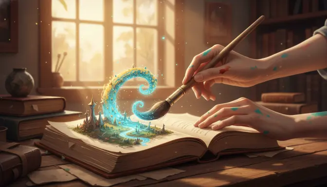 Ilustración artística de manos de autor con manchas de tinta guiando partículas digitales con un pincel sobre un manuscrito abierto para crear un mundo fantástico, representando visualmente cómo usar IA de forma ética para mi libro al mantener el control creativo humano sobre la tecnología.