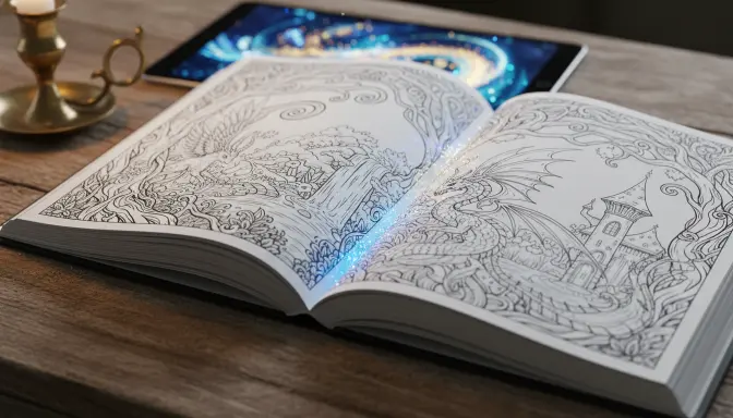 Primer plano detallado de un libro de colorear abierto sobre un escritorio de madera, donde partículas digitales luminosas fluyen desde una tableta para transformarse en líneas de tinta de una escena de fantasía, ilustrando cómo crear libro de colorear con IA para Amazon.
