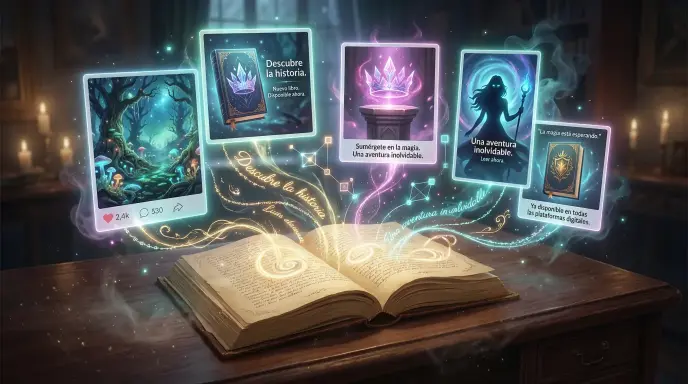 Libro antiguo abierto del que emergen publicaciones luminosas de redes sociales con escenas de fantasía y mensajes promocionales en español.