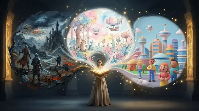 Una ilustración conceptual surrealista que muestra a una autora con un libro brillante del cual emergen diversos estilos de ilustración con inteligencia artificial, fusionando técnicas de óleo texturizado, acuarela etérea y diseño 3D moderno en una composición dinámica y cinematográfica.