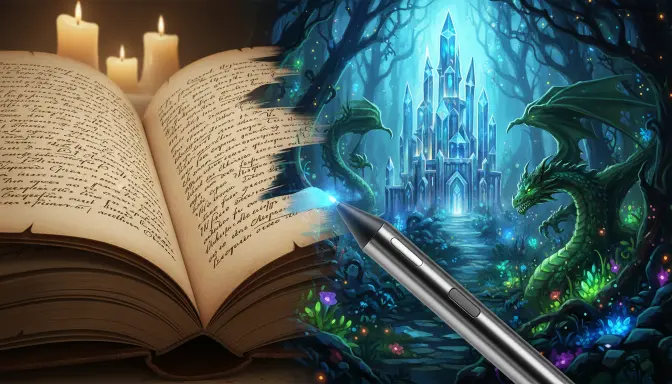 Una detallada ilustración IA para fábulas y leyendas que muestra un manuscrito antiguo cuyas páginas se transforman en un diorama 3D con un dragón esmeralda y un palacio de cristal, fusionando el arte tradicional con la tecnología mediante un lápiz óptico brillante.