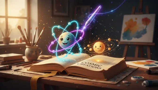Representación mágica de ilustraciones para libro educativo infantil con IA en un libro abierto sobre un escritorio, donde un átomo y un sistema solar brillante emergen de las páginas mezclando arte digital holográfico con texturas clásicas de acuarela.