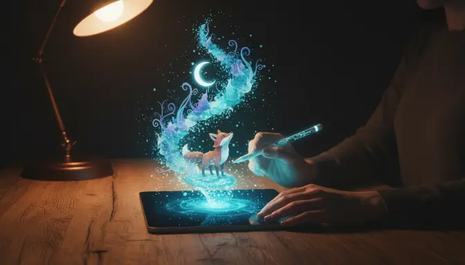 Una autora utiliza un lápiz óptico mágico sobre una tableta digital para ilustrar cuento infantil con inteligencia artificial, creando una escena de fantasía con un zorro y la luna en un estilo de acuarela luminosa que emerge de la pantalla.