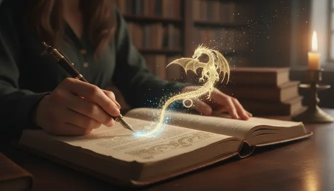 Primer plano detallado de las manos de una autora escribiendo en un cuaderno antiguo, donde un dragón digital de código binario dorado surge de su pluma para representar la superación del miedo a publicar con inteligencia artificial en una biblioteca cálida.