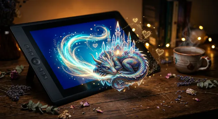 Una tableta digital sobre un escritorio de madera que actúa como un portal mágico del que emerge un dragón y un castillo de cristal, rodeado de elementos estéticos de Bookstagram como luces de hadas y flores secas, ilustrando la técnica para crear una portada de libro que sea 'instagrameable' con un estilo de realismo mágico y acabado editorial.