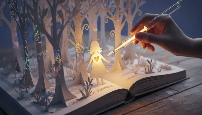 Primer plano detallado de una mano de ilustradora freelance IA para editoriales infantiles utilizando un lápiz digital mágico de luz dorada para dar vida a un personaje en un libro pop-up de un bosque encantado, fusionando circuitos tecnológicos con arte tradicional en papel.
