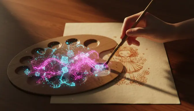 Una mano artística pintando en un manuscrito físico con píxeles digitales brillantes que se transforman en una ilustración detallada, representando visualmente el concepto de si se puede vender un libro con imágenes IA que combinan tecnología y artesanía.
