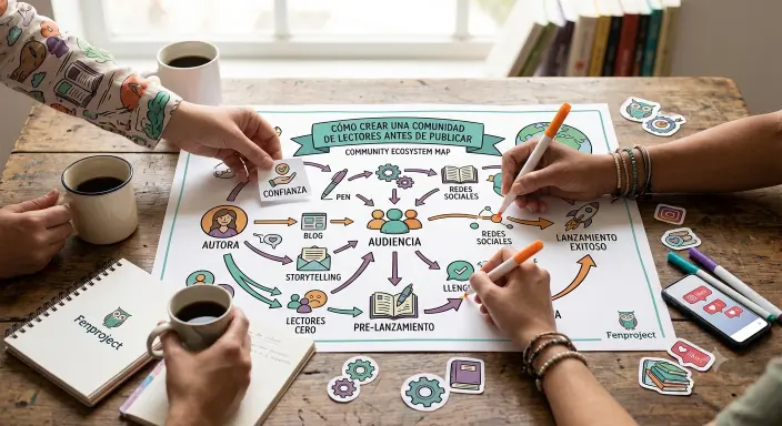 Imagen para el post de Fenproject: Cómo crear una comunidad de lectores antes de publicar, mostrando un mapa ilustrado de la estrategia de autor