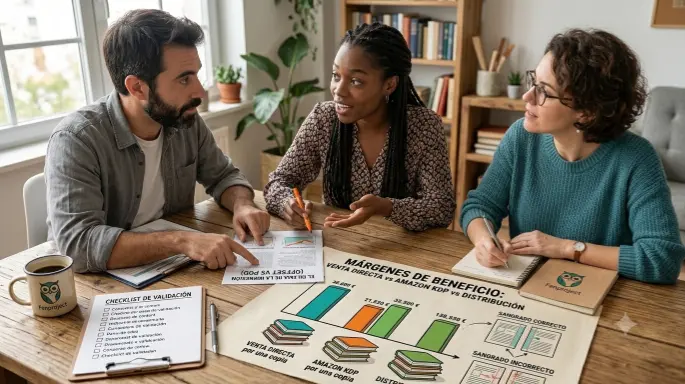 Profesionales analizando una matriz comparativa de márgenes de beneficio entre venta directa, Amazon KDP y distribución tradicional
